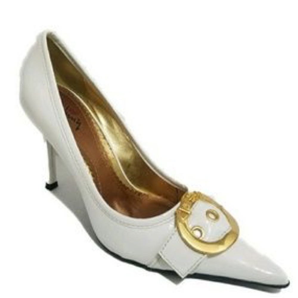 Luichiny White Patent Leather Pumps w/Gold Buckle